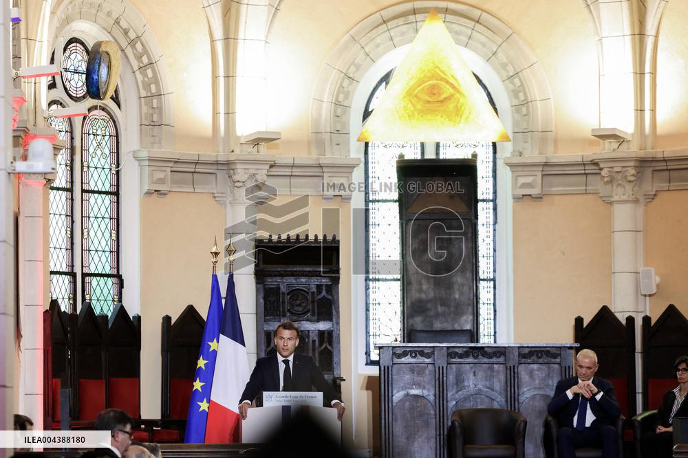 President Macron Delivers A Speech At The Grande Loge Of France - Paris
