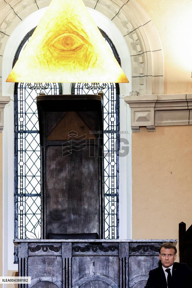 President Macron Delivers A Speech At The Grande Loge Of France - Paris