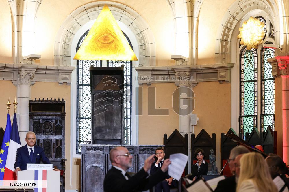 President Macron Delivers A Speech At The Grande Loge Of France - Paris