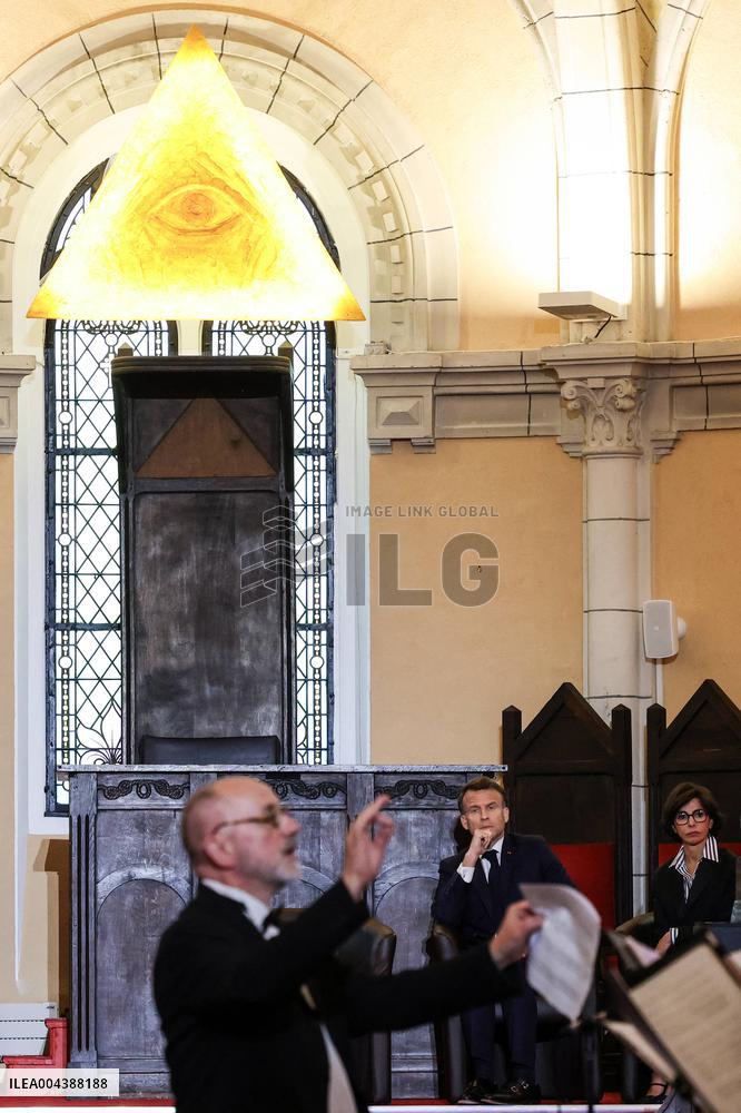 President Macron Delivers A Speech At The Grande Loge Of France - Paris