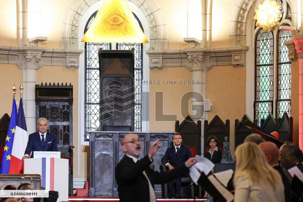 President Macron Delivers A Speech At The Grande Loge Of France - Paris