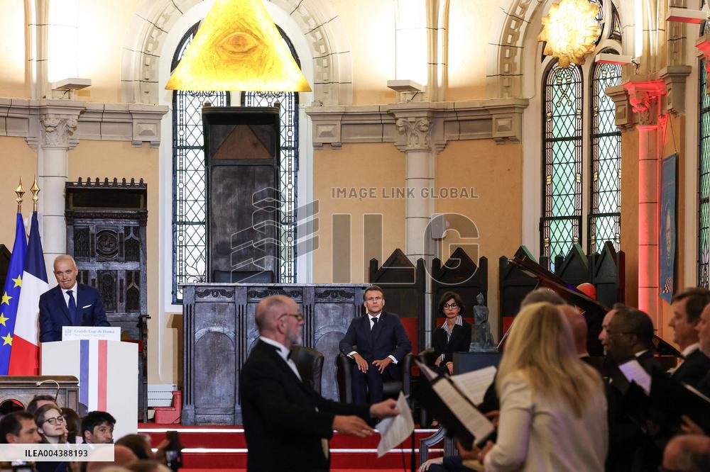 President Macron Delivers A Speech At The Grande Loge Of France - Paris
