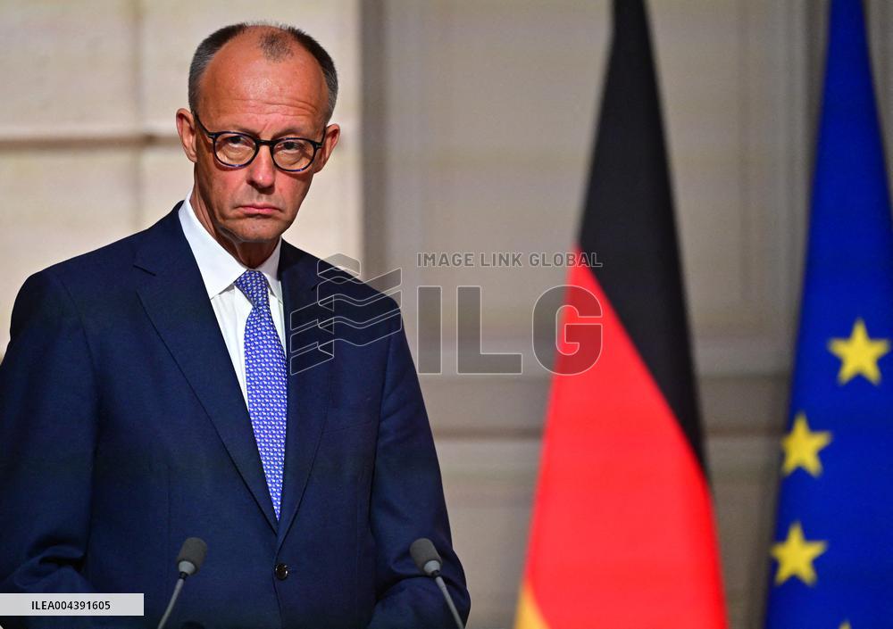 Macron and Merz Hold Joint Press Conference at Elysee - Paris
