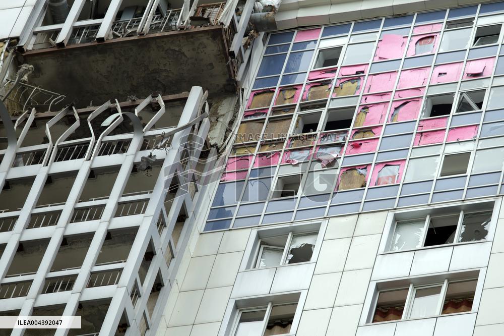 Aftermath of Russian drone attack in Dniprovskyi district of Kyiv