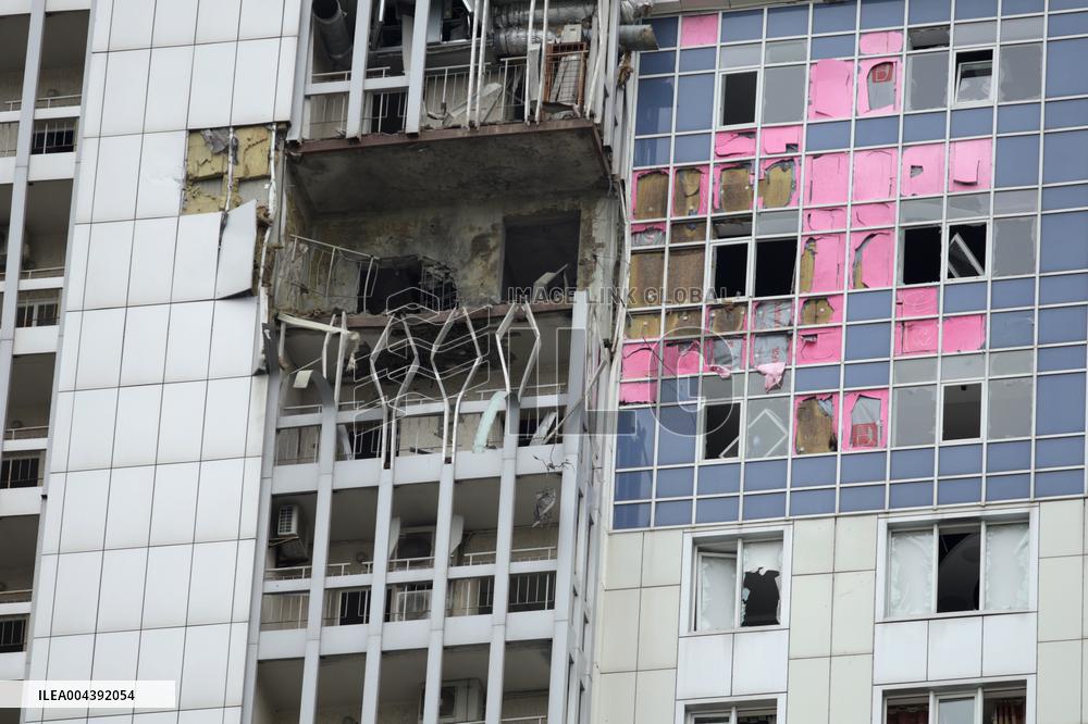 Aftermath of Russian drone attack in Dniprovskyi district of Kyiv