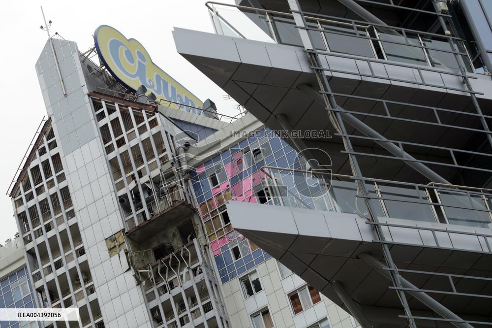 Aftermath of Russian drone attack in Dniprovskyi district of Kyiv