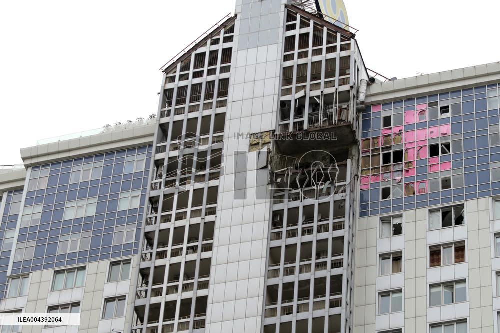 Aftermath of Russian drone attack in Dniprovskyi district of Kyiv