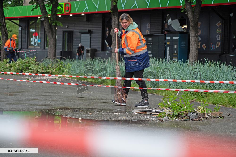 Russian drone wreckage damages apartment block in Shevchenkivskyi district of Kyiv