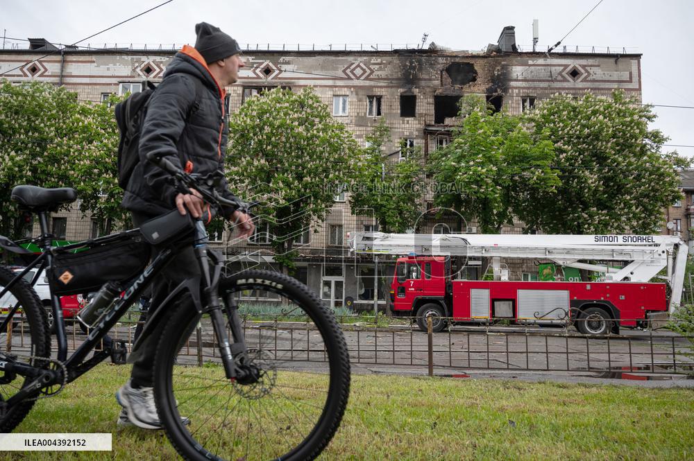 Russian drone wreckage damages apartment block in Shevchenkivskyi district of Kyiv