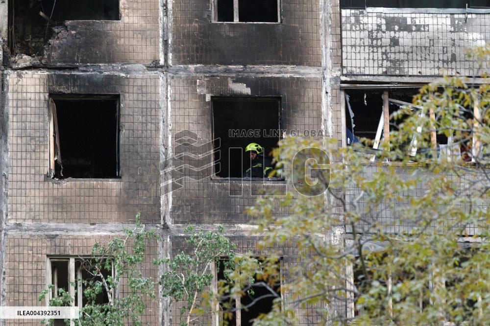 Kyiv apartment block damaged by Russian drone debris