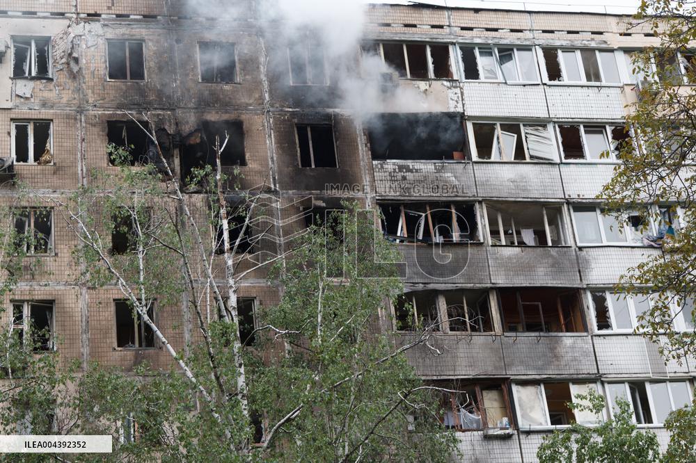 Kyiv apartment block damaged by Russian drone debris