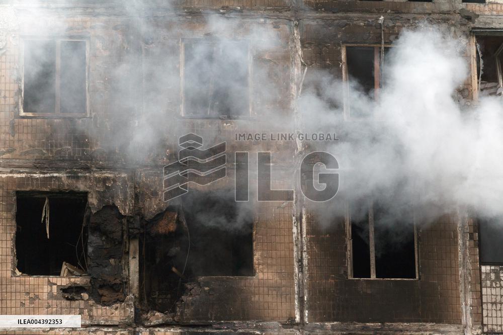 Kyiv apartment block damaged by Russian drone debris