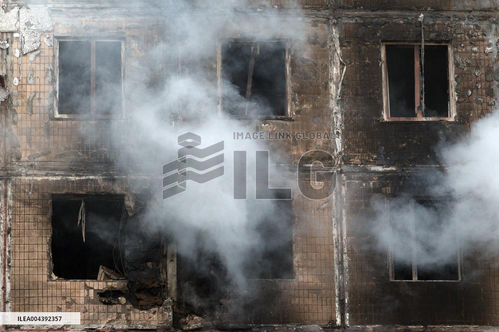 Kyiv apartment block damaged by Russian drone debris