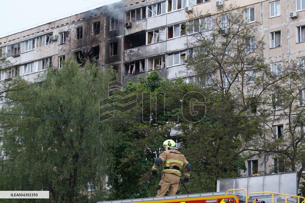 Kyiv apartment block damaged by Russian drone debris