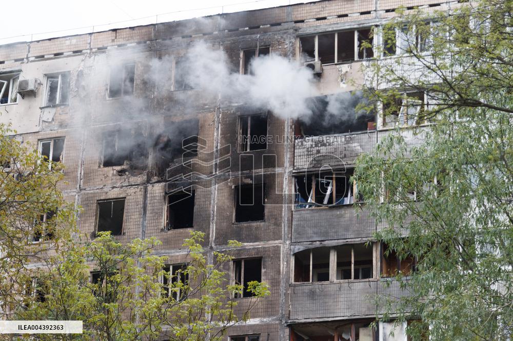 Kyiv apartment block damaged by Russian drone debris