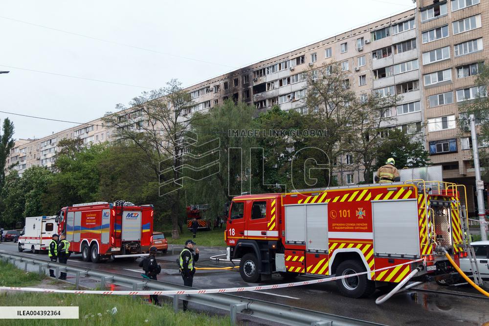 Kyiv apartment block damaged by Russian drone debris