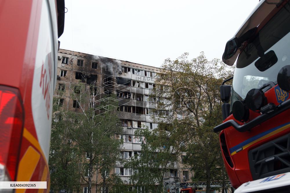 Kyiv apartment block damaged by Russian drone debris