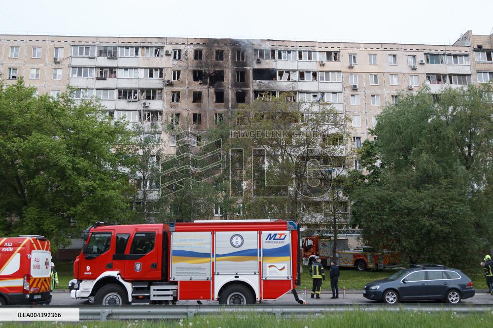 Kyiv apartment block damaged by Russian drone debris