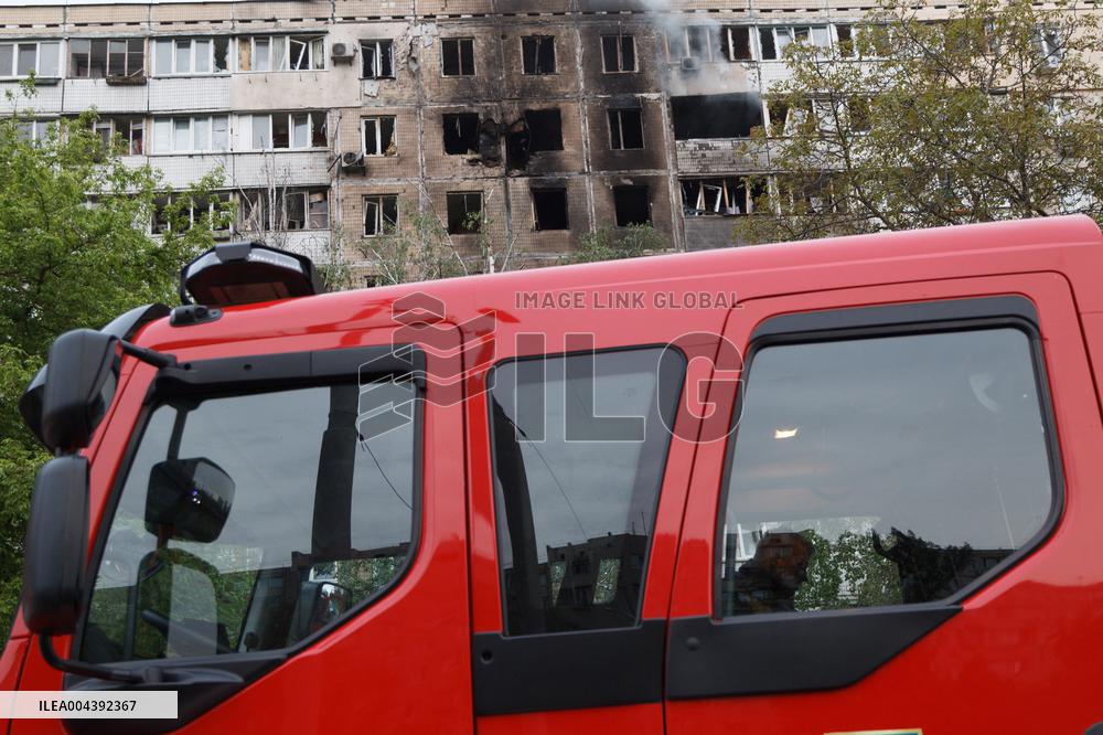Kyiv apartment block damaged by Russian drone debris