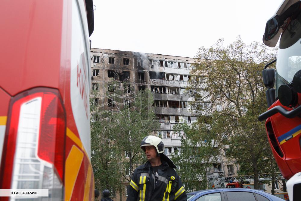 Wreckage of Russian drone damages residential block in Kyiv
