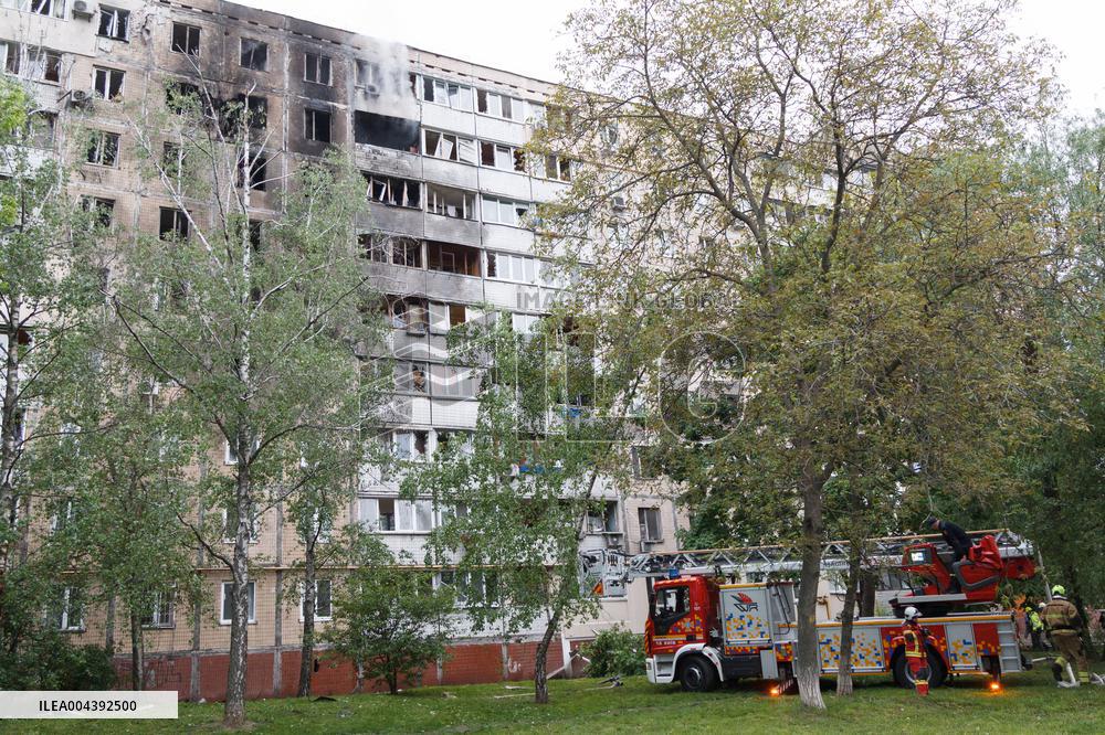 Wreckage of Russian drone damages residential block in Kyiv