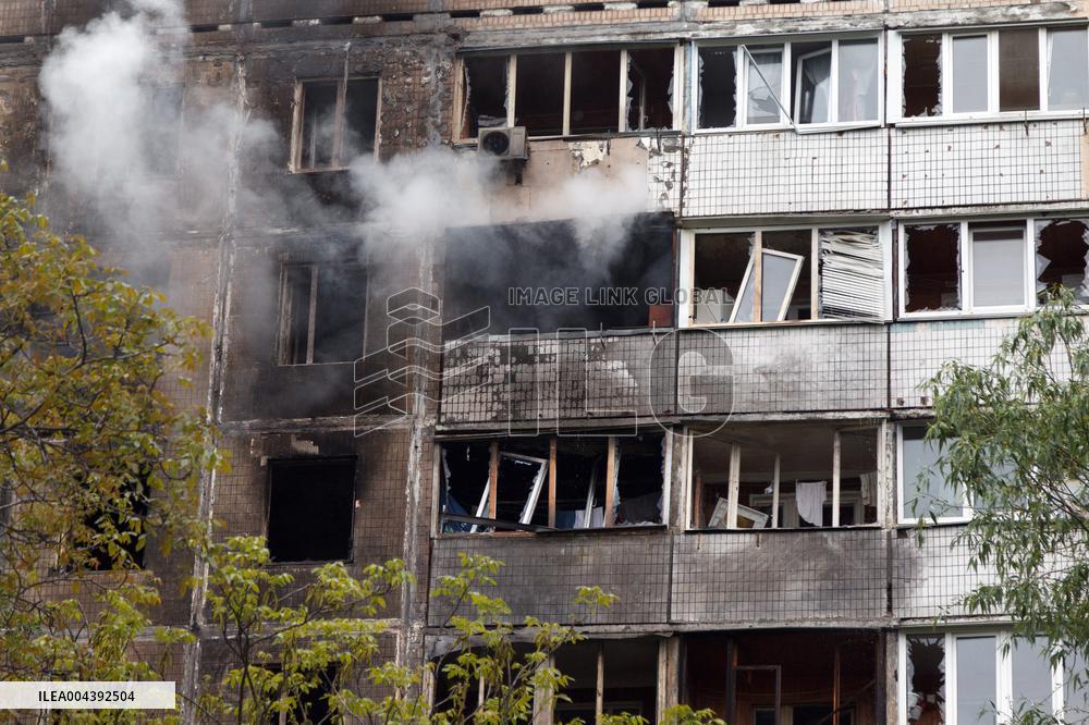 Wreckage of Russian drone damages residential block in Kyiv