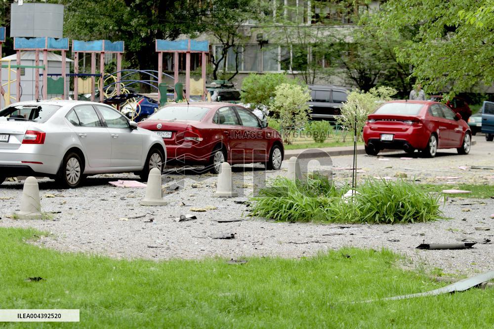 Aftermath of Russian drone attack in Dniprovskyi district of Kyiv