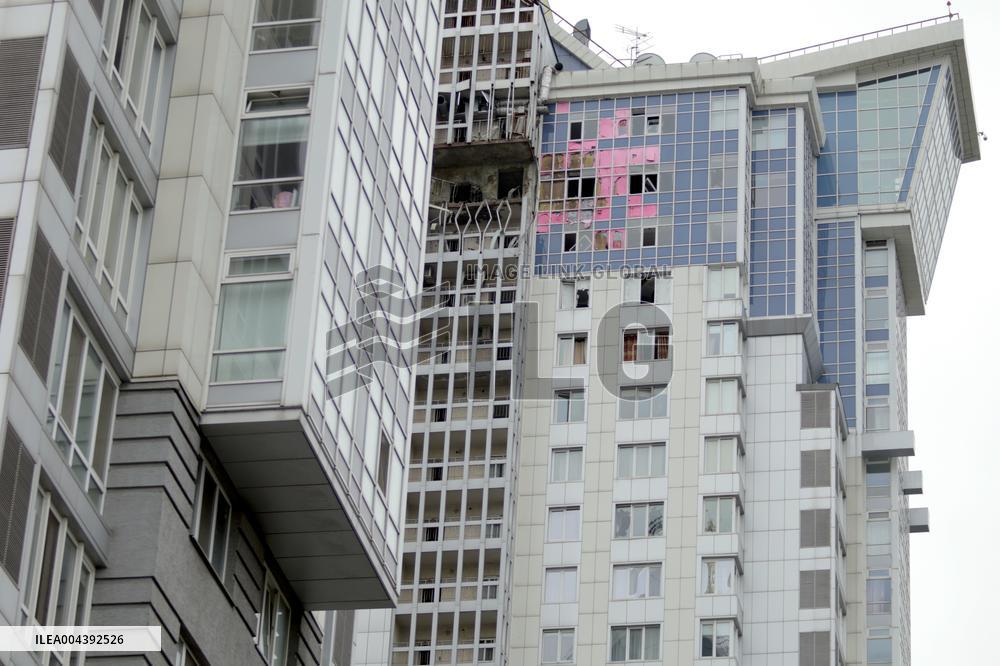 Aftermath of Russian drone attack in Dniprovskyi district of Kyiv