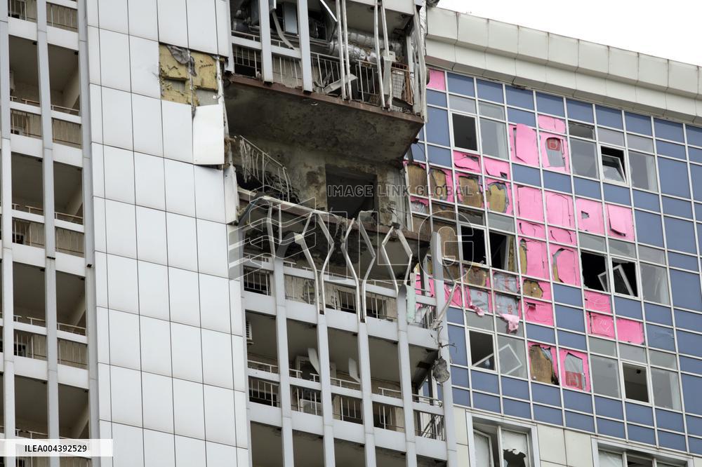 Aftermath of Russian drone attack in Dniprovskyi district of Kyiv