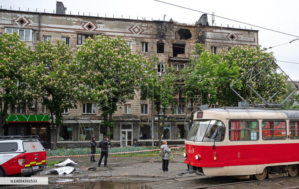Aftermath of Russian drone wreckage falling in Shevchenkivskyi district of Kyiv