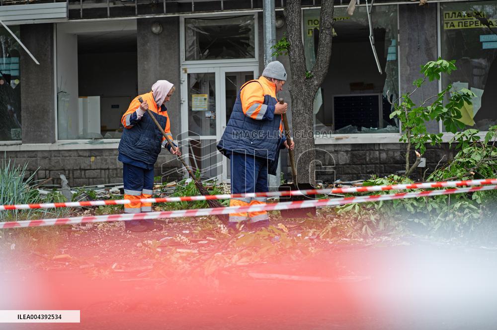 Aftermath of Russian drone wreckage falling in Shevchenkivskyi district of Kyiv