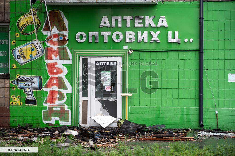 Aftermath of Russian drone wreckage falling in Shevchenkivskyi district of Kyiv
