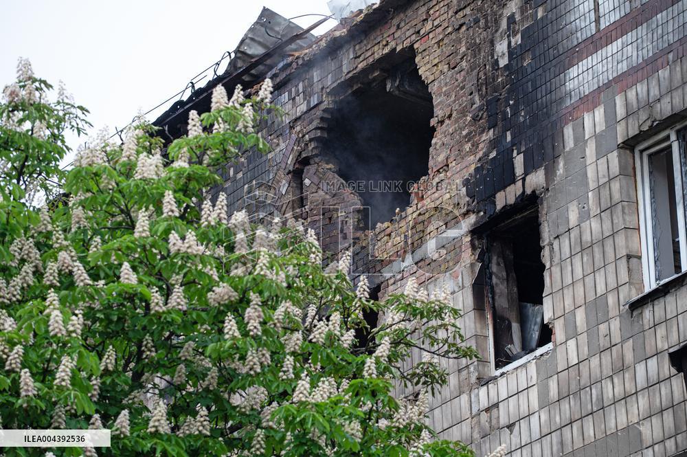 Aftermath of Russian drone wreckage falling in Shevchenkivskyi district of Kyiv