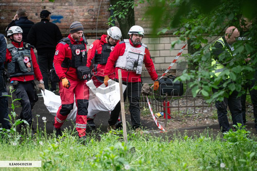 Aftermath of Russian drone wreckage falling in Shevchenkivskyi district of Kyiv