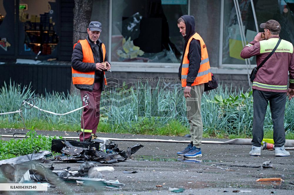 Aftermath of Russian drone wreckage falling in Shevchenkivskyi district of Kyiv