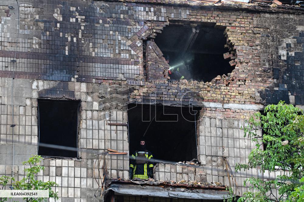 Aftermath of Russian drone wreckage falling in Shevchenkivskyi district of Kyiv