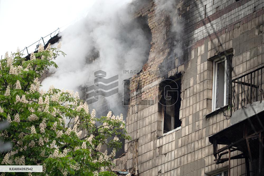 Aftermath of Russian drone wreckage falling in Shevchenkivskyi district of Kyiv