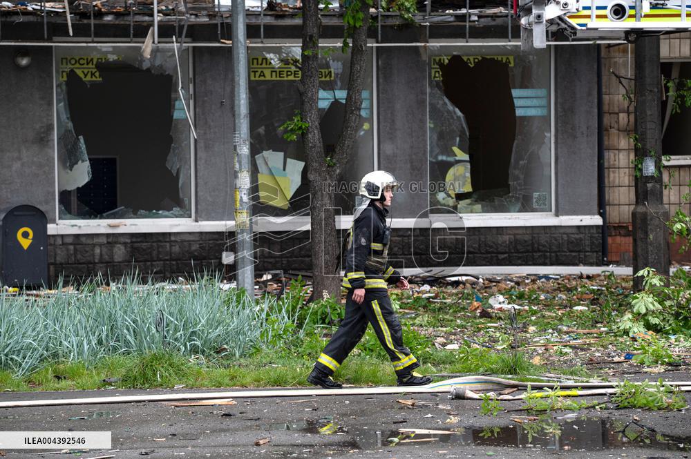 Aftermath of Russian drone wreckage falling in Shevchenkivskyi district of Kyiv