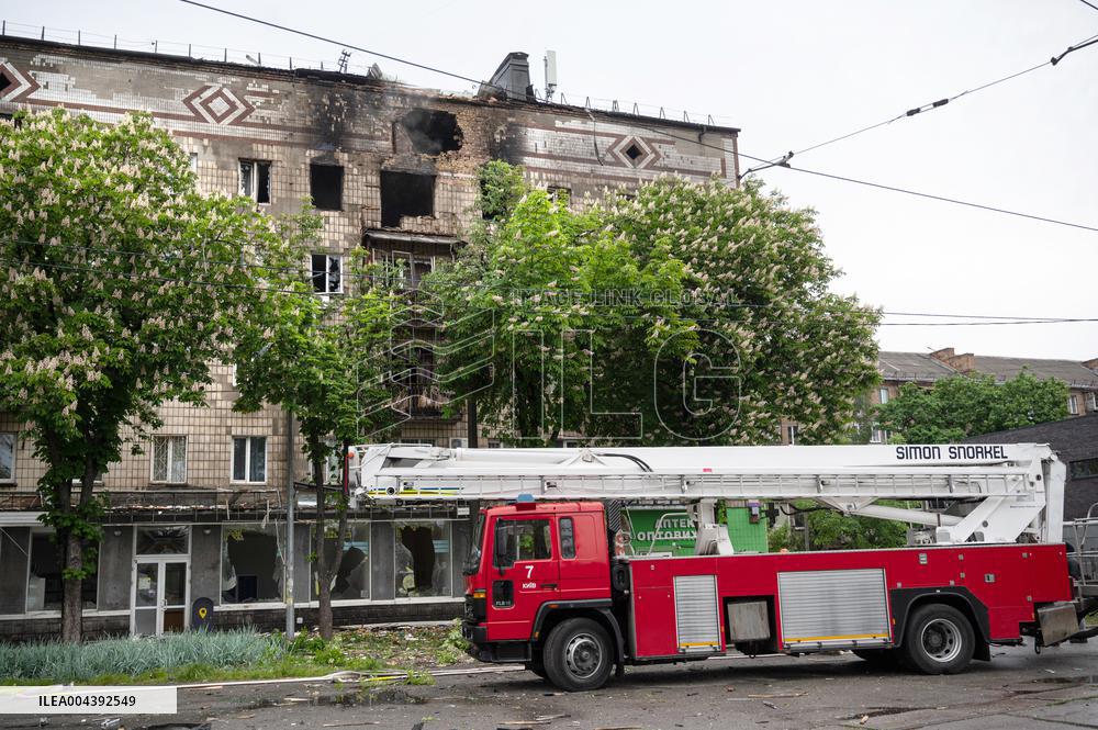 Aftermath of Russian drone wreckage falling in Shevchenkivskyi district of Kyiv