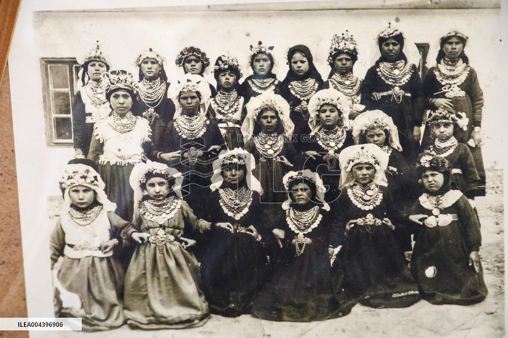 Collection of old Bulgarian towels, clothes and jewelry in Krynychne village
