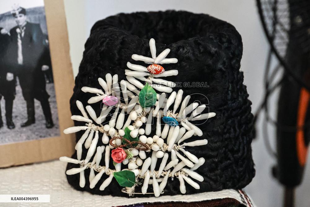 Collection of old Bulgarian towels, clothes and jewelry in Krynychne village