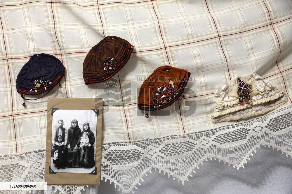 Collection of old Bulgarian towels, clothes and jewelry in Krynychne village