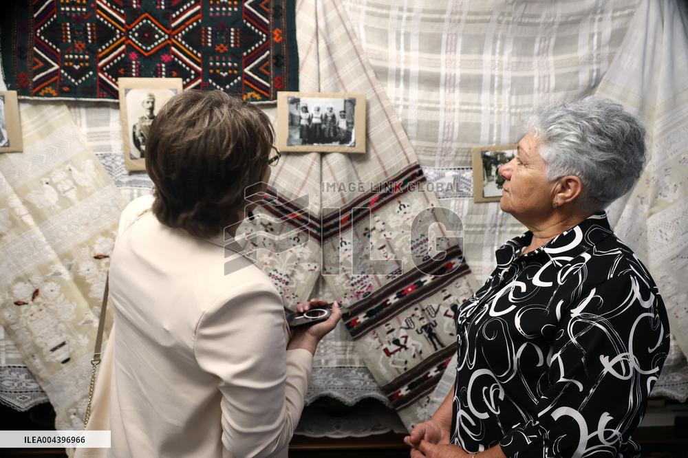 Collection of old Bulgarian towels, clothes and jewelry in Krynychne village