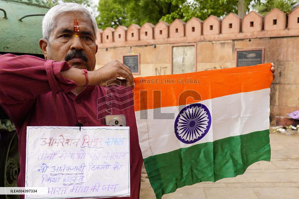 Supporters Wave Flag In Support Of Missile Strikes - India