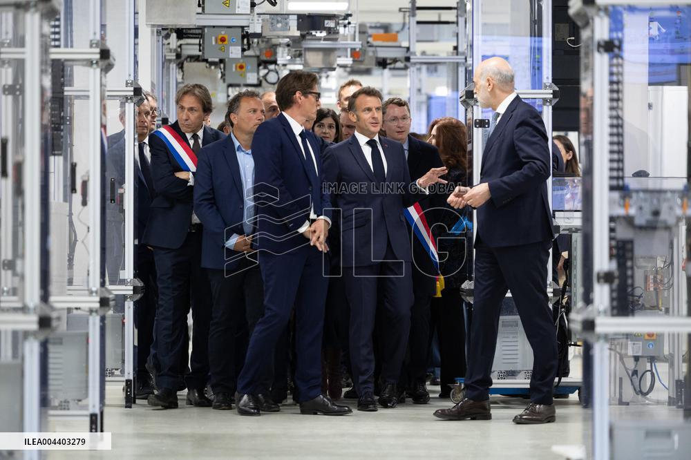 President Macron Visits EssilorLuxottica Laboratory - Wissous