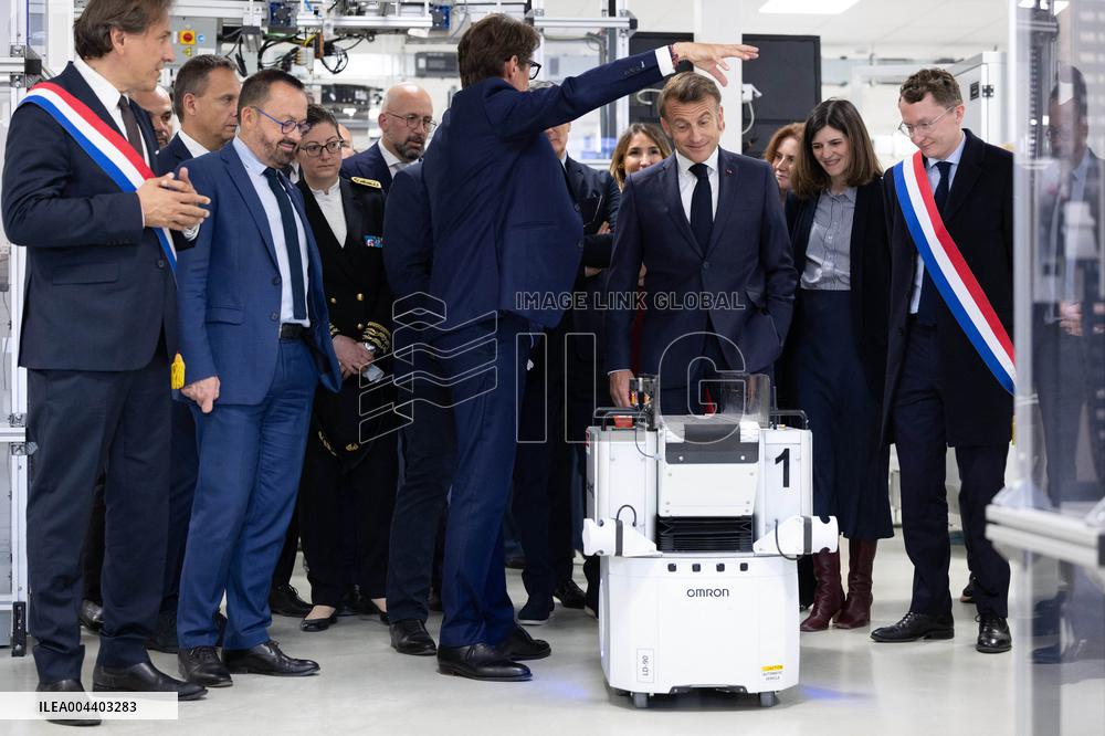 President Macron Visits EssilorLuxottica Laboratory - Wissous