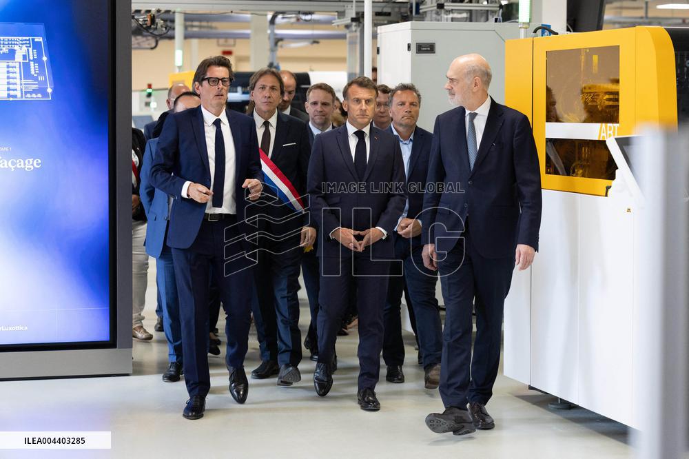President Macron Visits EssilorLuxottica Laboratory - Wissous
