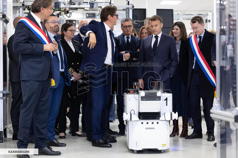 President Macron Visits EssilorLuxottica Laboratory - Wissous