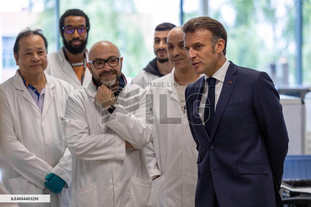 President Macron Visits EssilorLuxottica Laboratory - Wissous