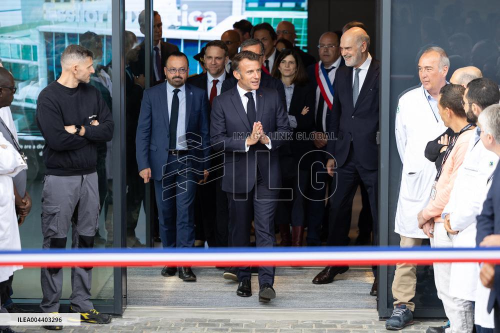 President Macron Visits EssilorLuxottica Laboratory - Wissous